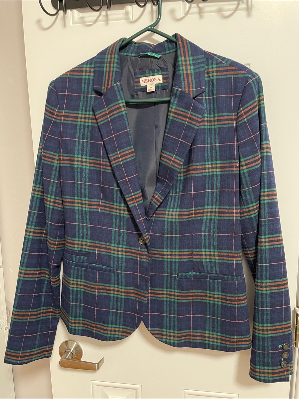Merona Navy Plaid Blazer with Green and Burgundy Checks